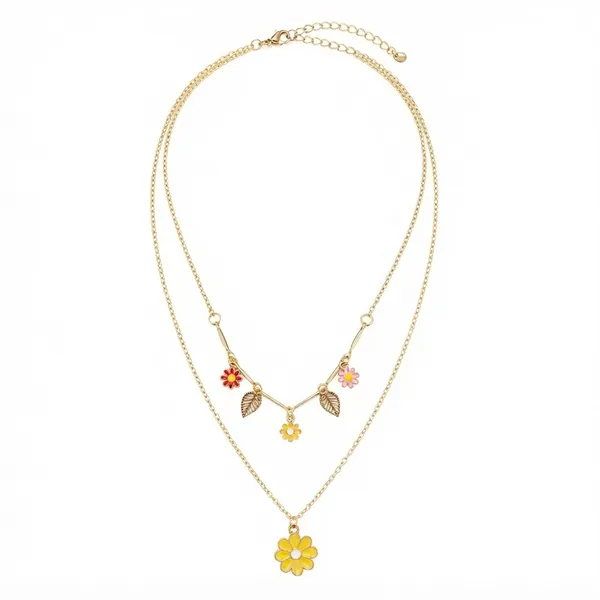 The99jewel_Double_Layer_Necklace_Set_With_Floral_Shape_Charms_For_Women_Yellow