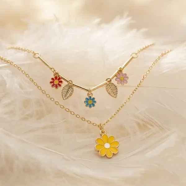 The99jewel_Double_Layer_Necklace_Set_With_Floral_Shape_Charms_For_Women_Yellow