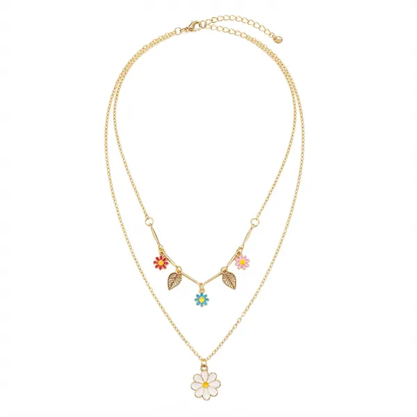 The99jewel_Double_Layer_Necklace_Set_With_Floral_Shape_Charms_For_Women_White