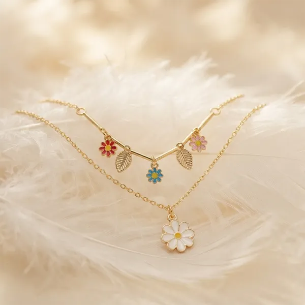 The99jewel_Double_Layer_Necklace_Set_With_Floral_Shape_Charms_For_Women_White