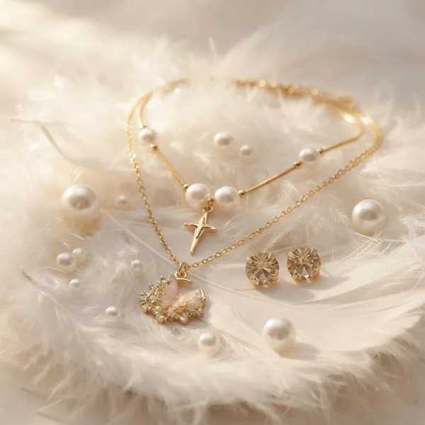 The99jewel_Double_Layer_Pearl_Necklace_Set_With_Butterfly_Shape_Pendant_For_Women_Pink