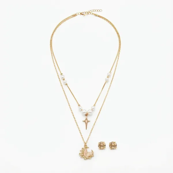 The99jewel_Double_Layer_Pearl_Necklace_Set_With_Butterfly_Shape_Pendant_For_Women_Pink