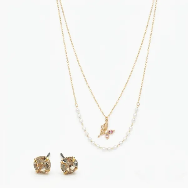 The99jewel_Double_Layer_Pearl_Necklace_Set_With_Butterfly_Shape_Pendant_For_Women_Pink