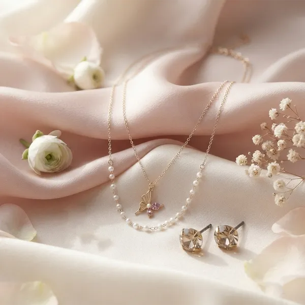 The99jewel_Double_Layer_Pearl_Necklace_Set_With_Butterfly_Shape_Pendant_For_Women_Pink