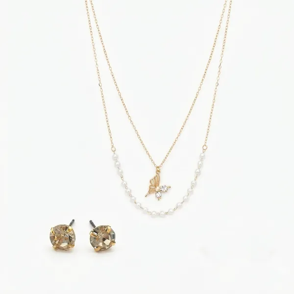 The99jewel_Double_Layer_Pearl_Necklace_Set_With_Butterfly_Shape_Pendant_For_Women_White