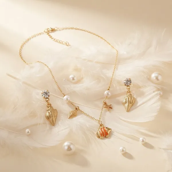 The99jewelbeach_Inspired_Trendy_Western_Necklace_Set_With_Shell_And_Fish_Shape_Pendant_For_Women_Orange