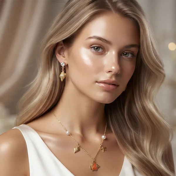 The99jewelbeach_Inspired_Trendy_Western_Necklace_Set_With_Shell_And_Fish_Shape_Pendant_For_Women_Orange