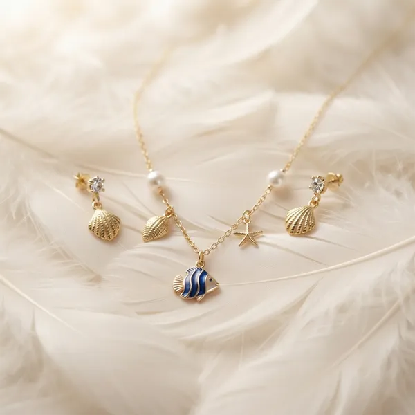 The99jewelbeach_Inspired_Trendy_Western_Necklace_Set_With_Shell_And_Fish_Shape_Pendant_For_Women_Blue