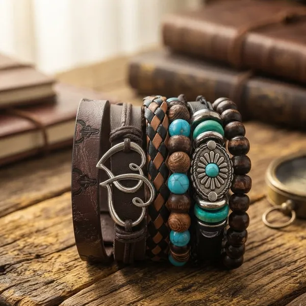 The99jewel_Layered_Beaded_Bracelet_With_Woven_Strap_Design_For_Men_S_Multi