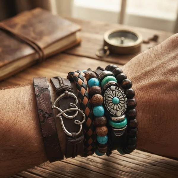 The99jewel_Layered_Beaded_Bracelet_With_Woven_Strap_Design_For_Men_S_Multi