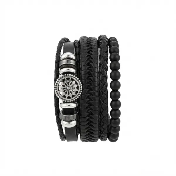 The99jewel_Layered_Beaded_Bracelet_With_Woven_Strap_Design_For_Men_S_Black