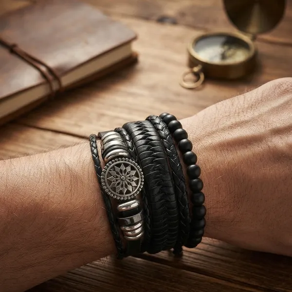 The99jewel_Layered_Beaded_Bracelet_With_Woven_Strap_Design_For_Men_S_Black