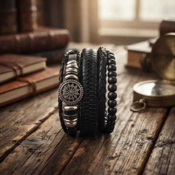 The99jewel_Layered_Beaded_Bracelet_With_Woven_Strap_Design_For_Men_S_Black