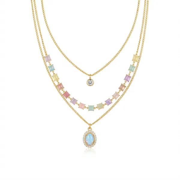 The99jewel_Gold_Plated_Triple_Layered_Enamelled_Cubic_Charms_And_Crystal_Pendant_Western_Necklace_Multi