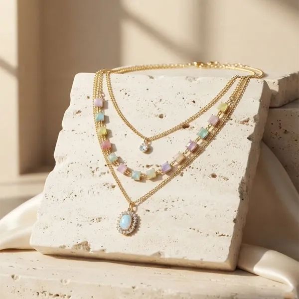 The99jewel_Gold_Plated_Triple_Layered_Enamelled_Cubic_Charms_And_Crystal_Pendant_Western_Necklace_Multi