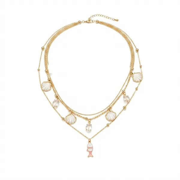 The99jewel_Gold_Plated_Triple_Layered_Coastal_Inspired_Fish_And_Shell_Charms_Western_Necklace_White