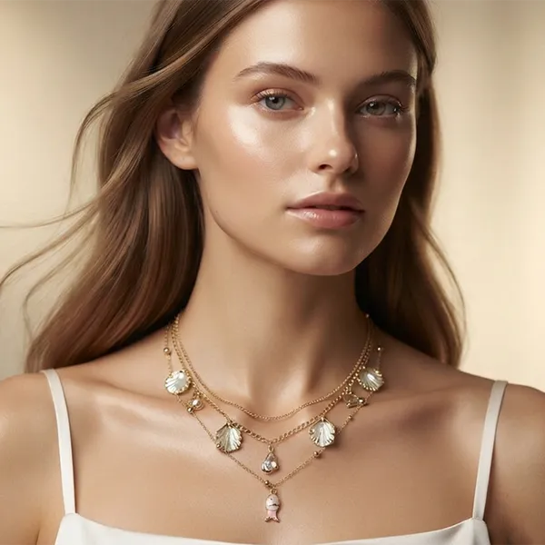 The99jewel_Gold_Plated_Triple_Layered_Coastal_Inspired_Fish_And_Shell_Charms_Western_Necklace_White