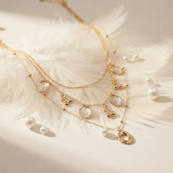 The99jewel_Gold_Plated_Triple_Layered_Coastal_Inspired_Shell_Charms_Western_Necklace_White