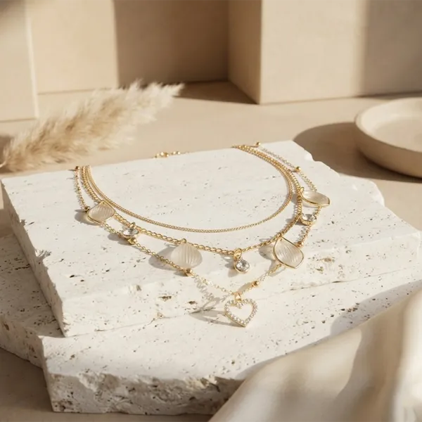 The99jewel_Gold_Plated_Triple_Layered_Coastal_Inspired_Shell_Charms_And_Crystal_Stone_Western_Necklace_White
