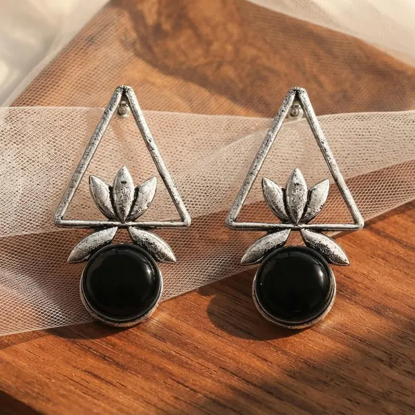 The99jewel_Oxidised_Pota_Stone_Earrings_With_Lotus_Motif_For_Women_Traditional_Jewellery_Black