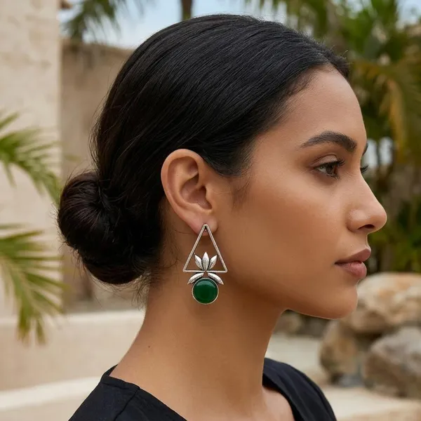 The99jewel_Oxidised_Pota_Stone_Earrings_With_Lotus_Motif_For_Women_Traditional_Jewellery_Dark_Green