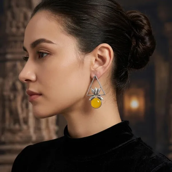 The99jewel_Oxidised_Pota_Stone_Earrings_With_Lotus_Motif_For_Women_Traditional_Jewellery_Yellow