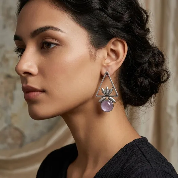 The99jewel_Oxidised_Pota_Stone_Earrings_With_Lotus_Motif_For_Women_Traditional_Jewellery_Purple