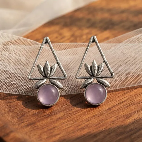 The99jewel_Oxidised_Pota_Stone_Earrings_With_Lotus_Motif_For_Women_Traditional_Jewellery_Purple