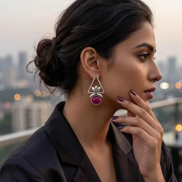 The99jewel_Oxidised_Pota_Stone_Earrings_With_Lotus_Motif_For_Women_Traditional_Jewellery_Pink