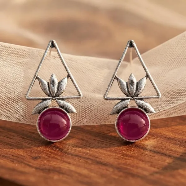 The99jewel_Oxidised_Pota_Stone_Earrings_With_Lotus_Motif_For_Women_Traditional_Jewellery_Pink