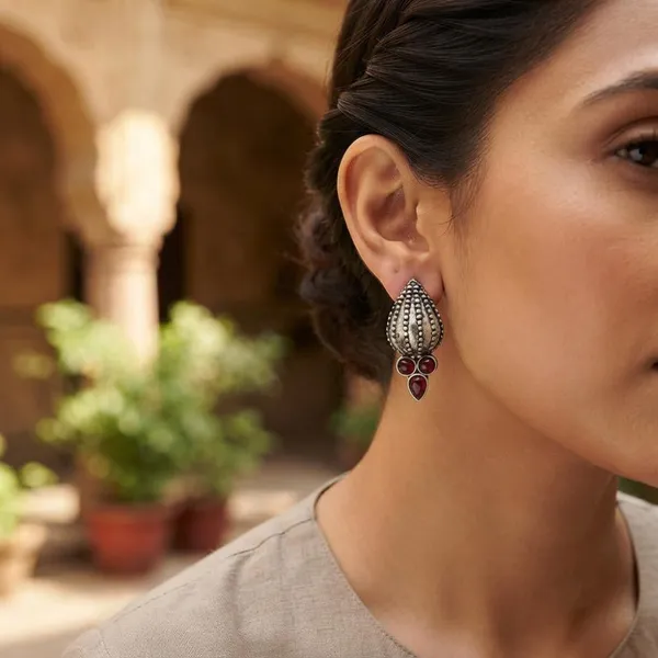 The99jewel_Stylish_Oxidised_Pota_Stone_Earrings_Domed_Motif_For_Women_Red