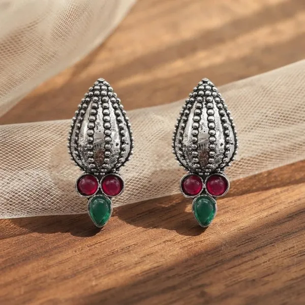 The99jewel_Stylish_Oxidised_Pota_Stone_Earrings_Domed_Motif_For_Women_Dark_Pink_Green