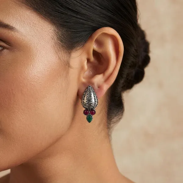 The99jewel_Stylish_Oxidised_Pota_Stone_Earrings_Domed_Motif_For_Women_Dark_Pink_Green
