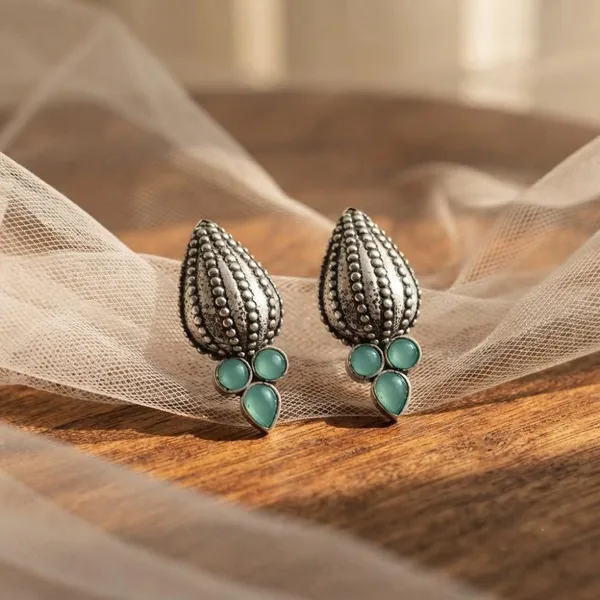 The99jewel_Stylish_Oxidised_Pota_Stone_Earrings_Domed_Motif_For_Women_Light_Blue