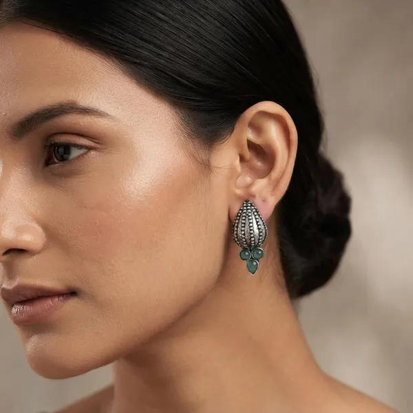 The99jewel_Stylish_Oxidised_Pota_Stone_Earrings_Domed_Motif_For_Women_Light_Blue