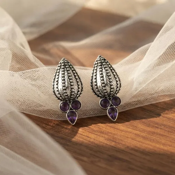 The99jewel_Stylish_Oxidised_Pota_Stone_Earrings_Domed_Motif_For_Women_Purple
