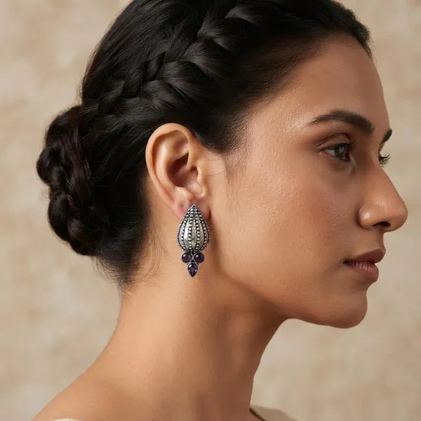 The99jewel_Stylish_Oxidised_Pota_Stone_Earrings_Domed_Motif_For_Women_Purple