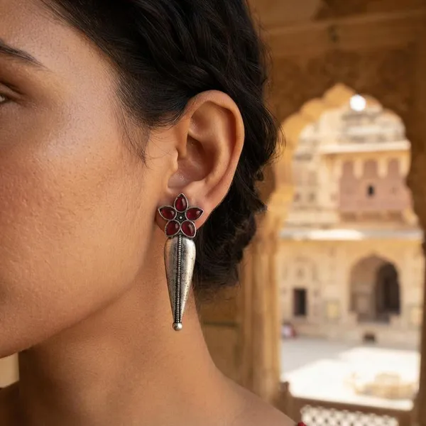 The99jewel_Traditional_Pota_Stone_Oxidised_Earrings_With_Floral_Motif_For_Women_Red