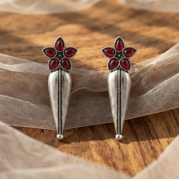 The99jewel_Traditional_Pota_Stone_Oxidised_Earrings_With_Floral_Motif_For_Women_Red