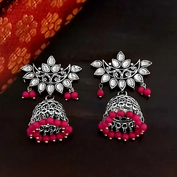 The99jewel_Oxidised_Plated_Jhumka_Earrings_With_Pink_Beads_Pink