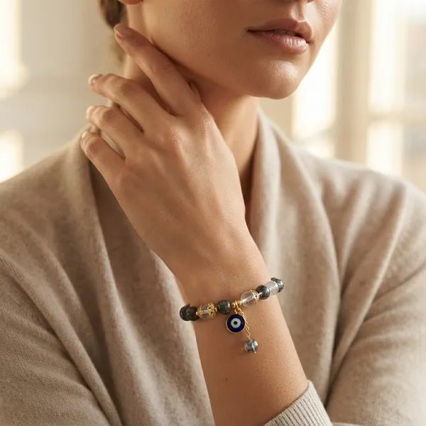 The99jewel_Crackle_Beads_Bracelet_With_Evil_Eye_Charm_And_Gold_Toned_Metal_Accents_For_Women_Black