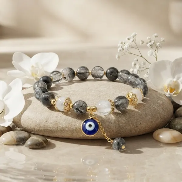 The99jewel_Crackle_Beads_Bracelet_With_Evil_Eye_Charm_And_Gold_Toned_Metal_Accents_For_Women_Black