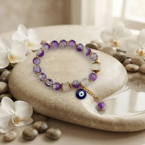 The99jewel_Crackle_Beads_Bracelet_With_Evil_Eye_Charm_And_Gold_Toned_Metal_Accents_For_Women_Purple