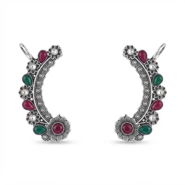 The99jewel_Stylish_Oxidised_Ear_Cuffs_With_Floral_Motif_For_Women_Traditional_Fashion_Jewellery_Green_Pink