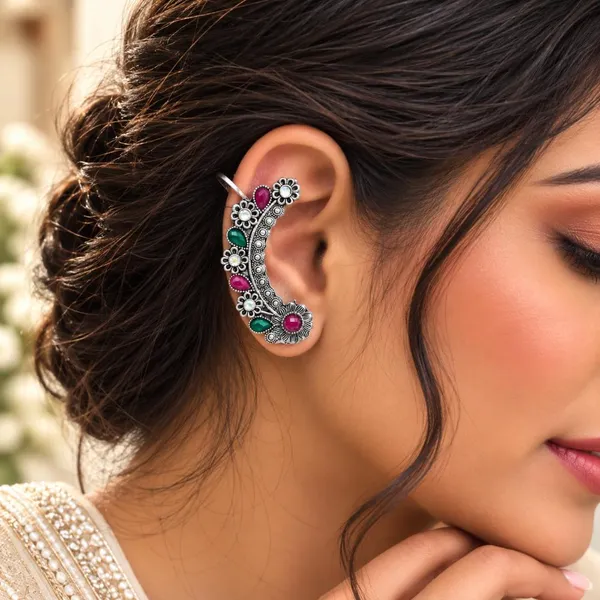 The99jewel_Stylish_Oxidised_Ear_Cuffs_With_Floral_Motif_For_Women_Traditional_Fashion_Jewellery_Green_Pink