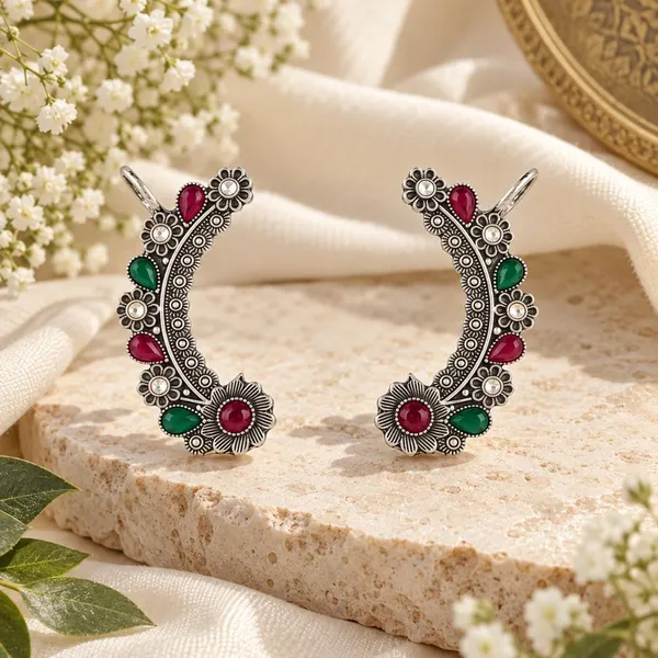 The99jewel_Stylish_Oxidised_Ear_Cuffs_With_Floral_Motif_For_Women_Traditional_Fashion_Jewellery_Green_Pink