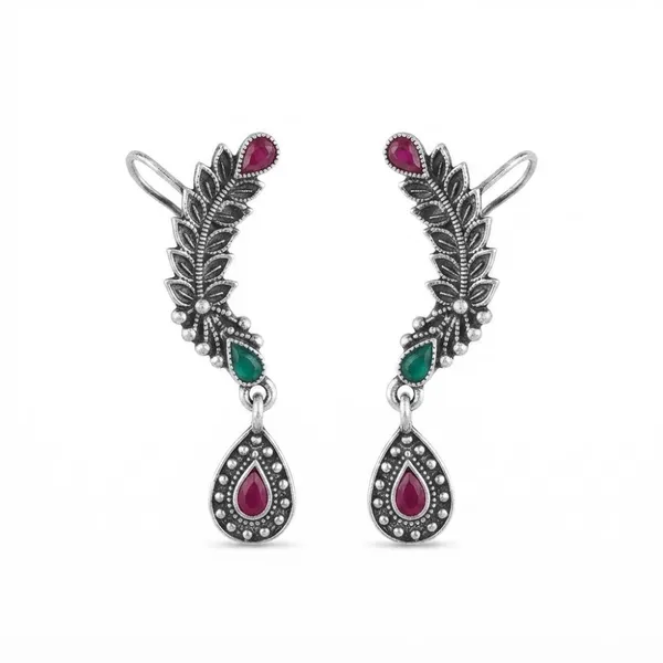 The99jewel_Stylish_Oxidised_Ear_Cuffs_With_Floral_Motif_For_Women_Traditional_Fashion_Jewellery_Green_Pink