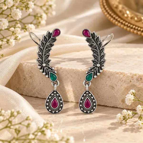 The99jewel_Stylish_Oxidised_Ear_Cuffs_With_Floral_Motif_For_Women_Traditional_Fashion_Jewellery_Green_Pink
