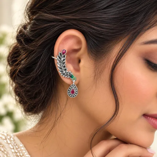 The99jewel_Stylish_Oxidised_Ear_Cuffs_With_Floral_Motif_For_Women_Traditional_Fashion_Jewellery_Green_Pink