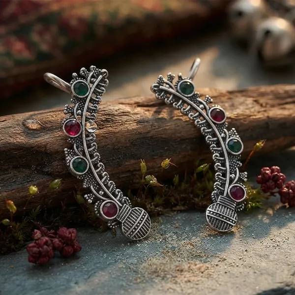 The99jewel_Stylish_Oxidised_Ear_Cuffs_With_Floral_Motif_For_Women_Traditional_Fashion_Jewellery_Green_Pink